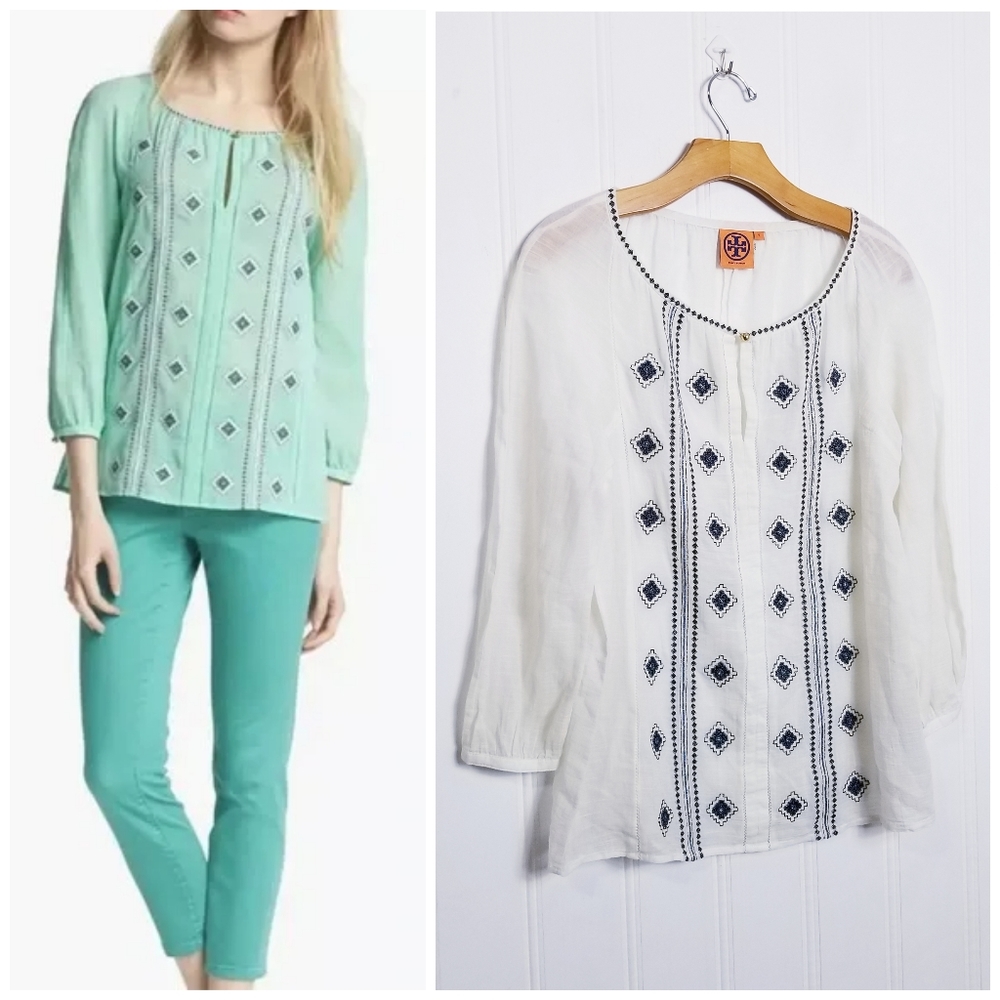 Tory Burch White Embroidered Boho Chic Linen Blend Blouse Sheer Top 6